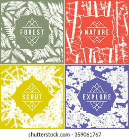 Label design with seamless patterns. White print on colorful background