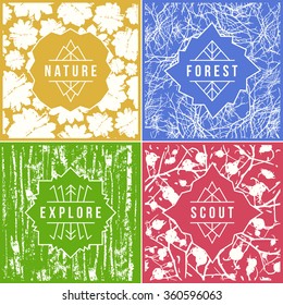 Label design with seamless patterns. White print on colorful background