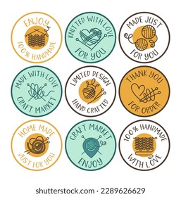 Label design set for handmade product package. Round tag with line symbol, craft market elements collection, vector illustration. Knitted with love sign at sticker design with thread, needles