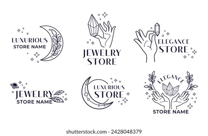 Label design set for jewelry store advertising. Leaf line elements, hand hold diamond at accessory shop tag, vector illustration. Elegant sticker collection with star decoration