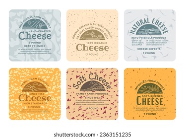 Label design set for organic cheese package. Hand crafted farm product advertising with sticker collection, vector illustration. Colorful tag with flat elements for natural food tag