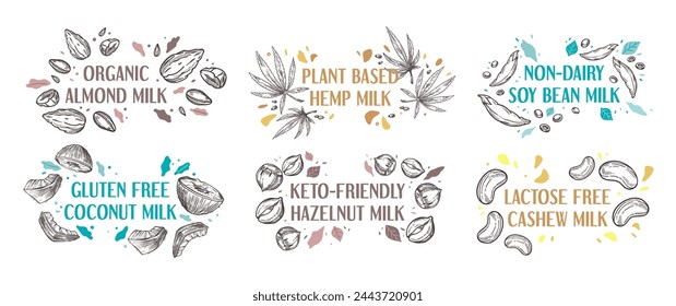 Conjunto de diseño de etiquetas para paquete de leche vegetal