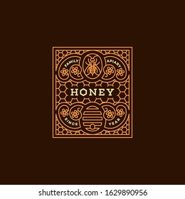 Label design tamplate in trendy linear style for honey packaging witn floral ornament, bee, beehive and honeycomb pattern. Vector illustration.