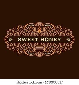 Label design tamplate in trendy linear style for honey packaging witn flourish ornament, bee and beehive. Vector illustration.