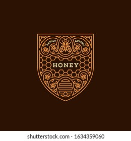 Label design tamplate in trendy linear style for honey packaging witn floral ornament, bee and honeycomb pattern. Vector illustration.