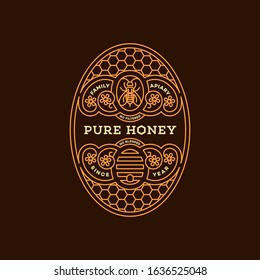 Label design tamplate in trendy linear style for honey packaging witn floral ornament, bee and honeycomb pattern. Vector illustration.