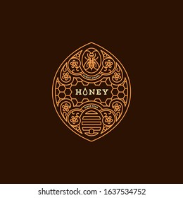 Label design tamplate in trendy linear style for honey packaging witn floral ornament, bee and honeycomb pattern. Vector illustration.