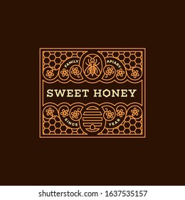 Label design tamplate in trendy linear style for honey packaging witn floral ornament, bee and beehive. Vector illustration.