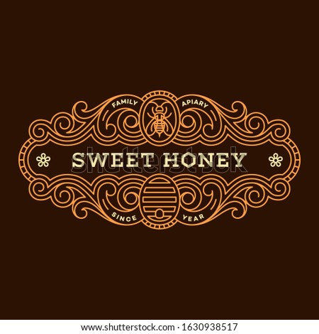 Label design tamplate in trendy linear style for honey packaging witn flourish ornament, bee and beehive. Vector illustration.