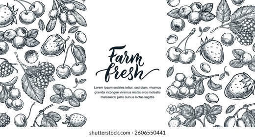 Label design template for farm berries package. Vector sketch illustration. Sticker with hand drawn calligraphic lettering. Raspberry, blueberry, strawberry, cranberry, cherry on white background