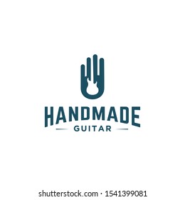 Label design template with hands and guitar for handmade products. Vector illustration.