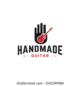Label design template with hands and guitar for handmade products. Vector illustration.
