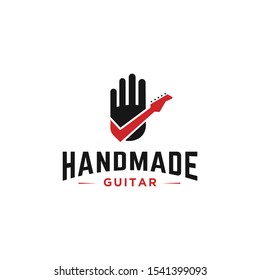 Label design template with hands and guitar for handmade products. Vector illustration.