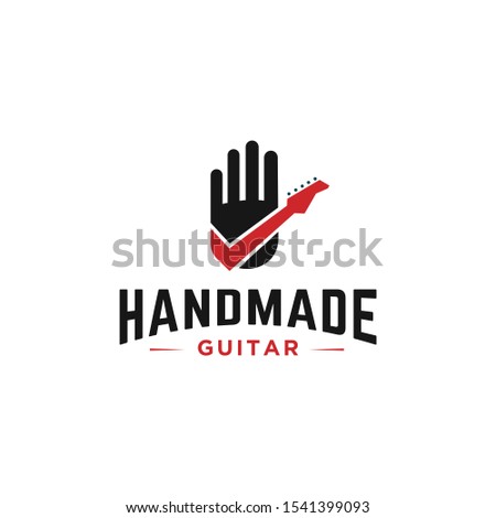 Label design template with hands and guitar for handmade products. Vector illustration.