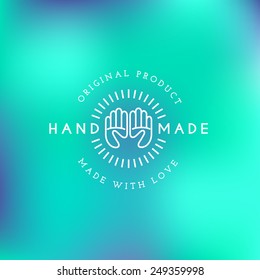 Label design template with hands and rays for handmade products in outline trendy style. Vector illustration.