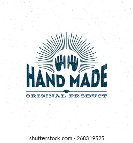 Label design template with hands and rays for handmade products in grunge style. Vector illustration.