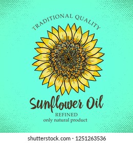 Label design template for refined sunflower oil. Vector illustration with handdrawn sunflowers on turquoise background for sunflower oil, sunflower packaging, natural cosmetics, health care products