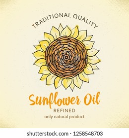 Label design template for refined sunflower oil. Vector illustration with handdrawn sunflowers on turquoise background for sunflower oil, sunflower packaging, natural cosmetics, health care products