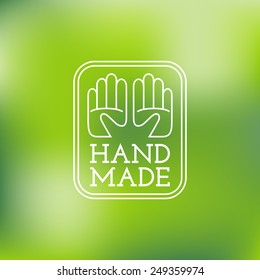 Label design template with two hands for handmade products in outline trendy style. Vector illustration.