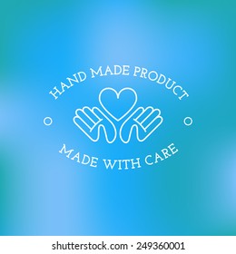 Label design template with two hands and heart for handmade products in outline trendy style. Vector illustration.