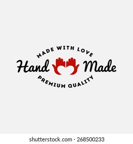 Label design template with two hands and heart for handmade products. Vector illustration.