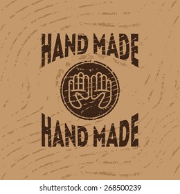 Label design template with two hands in circle for handmade products in grunge style. Vector illustration.