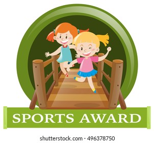 Label design with two girls on bridge illustration