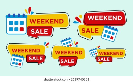 Label design of unique bubble speech and calendar icon with text Weekend Sale, stand out tag design to upscale your business marketing