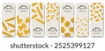 Label of different sorts of pasta. Macaroni, farfalle, penne, fusilli, stelline, ruote, ditalini. Traditional Italian food. Various noodles types. Vector tag, flat cartoon illustration