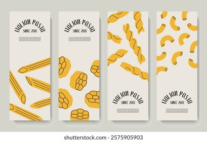 Label of different sorts of pasta. Macaroni, farfalle, penne, fusilli, stelline, ruote, ditalini. Traditional Italian food. Various noodles types. Vector tag, flat cartoon illustration