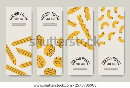 Label of different sorts of pasta. Macaroni, farfalle, penne, fusilli, stelline, ruote, ditalini. Traditional Italian food. Various noodles types. Vector tag, flat cartoon illustration