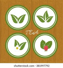 Label different tea with camomile and raspberries on wood