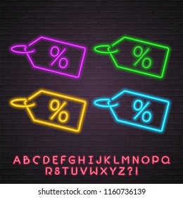 Label Discount Icon Set Neon Light Glowing Vector Illustration