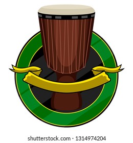 Label with a djembe drum and ribbon. Vector illustration design
