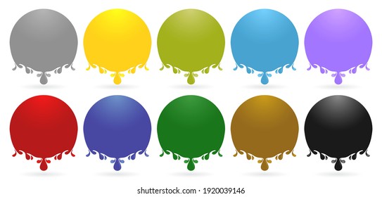 Label drops ellipse models with ten variation color isolated white backgrounds, liquids drops. Colorful droplets of oil, honey, ink paint, olive, water, lubricant and blood drop realistic vector set.