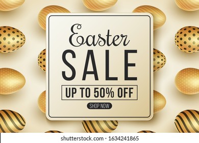 Label for Easter big sale on a background with realistic golden eggs with a pattern. Festive template for your design. Gift card. Vector illustration. EPS 10
