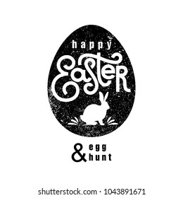 Label easter egg with inscription "Happy Easter and Egg Hunt" and silhouette of Easter Bunny. Black logo on white background. Emblem, signs of religious holiday. Vector illustration for web and print.