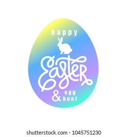 Label easter egg with inscription "Happy Easter and Egg Hunt" and silhouette of Easter Bunny. Color logo on white background. Emblem, signs of religious holiday. Vector illustration for web and print.