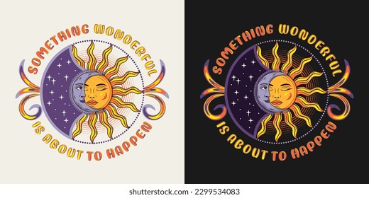 Label with eclipse with sun, crescent moon, text. Mythological fairytale characters with face, magic, mystical, astrology symbols. For clothing, apparel, T-shirts, surface decoration, kids design