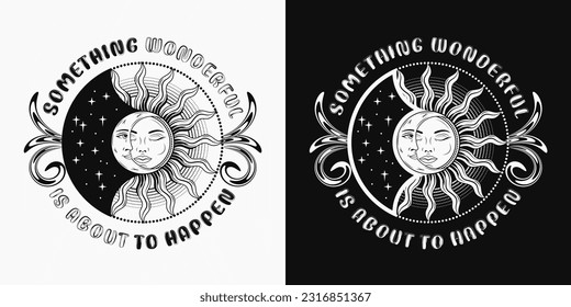 Label with eclipse with sun, crescent moon, text. Mythological fairytale characters with face, magic, mystical, astrology symbols. For clothing, apparel, T-shirts, surface decoration, kids design