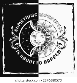 Label with eclipse with sun, crescent moon, text. Mythological fairytale characters with face, magic, mystical, astrology symbols. For clothing, apparel, T-shirts, surface decoration, kids design