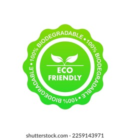 Label Eco friendly. 100% biodegradable 100% compostable icon, logo. Green leaves in a circle. Round biodegradable symbol. Natural recyclable packaging sign. Eco friendly product. Vector illustration svg