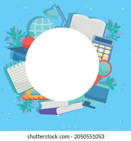 Label with education icon set on blue background