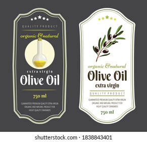 Label elements for olive oil. Elegant dark and light label for premium olive oil packaging. Vector illustration