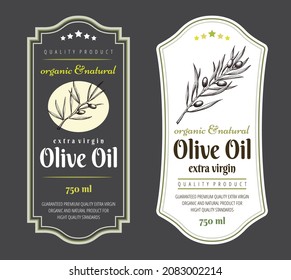 Label elements for olive oil. Elegant dark and light sticker for premium olive oil packaging. Vector brand illustration