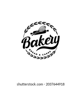 Etikettendekor-Logo-Design der Bäckerei mit rollendem Pin-Ballon Whisky und kreisförmigem Weizen