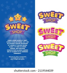 Label or emblem for confectionery. Vector illustration.
As a logo, you can use the Sweet SHOP letter composition in soft pink, blue and yellow tones. Design of an advertising card, or a computer game.