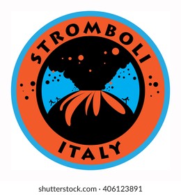 Label or emblem with words Stromboli Volcano, Italy, vector illustration