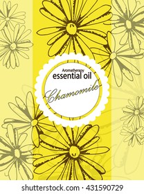 label for essential oil of chamomile with hand drawn flowers with round frame in the center