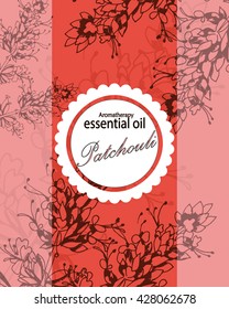 label for essential oil of patchouli with hand drawn leaves